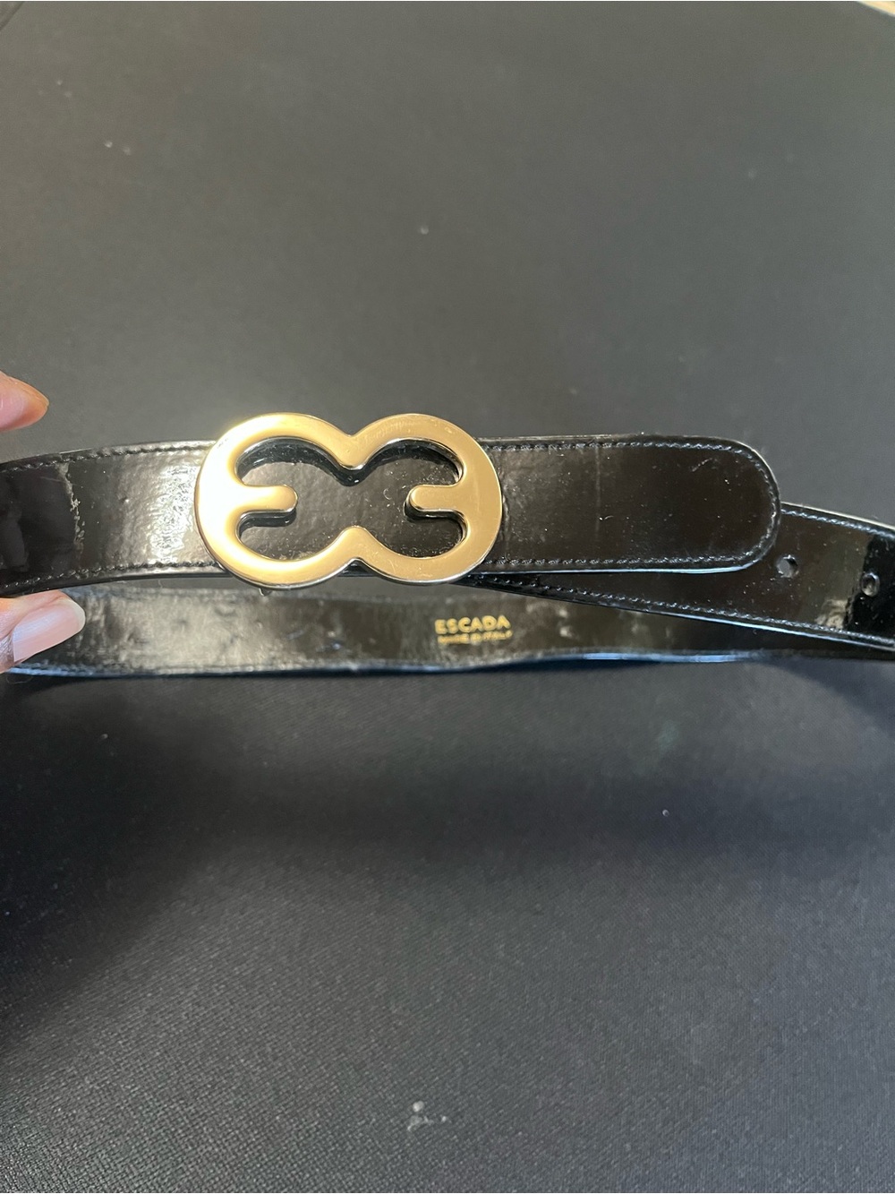 Vintage Escada Black Patent Leather Belt & Gold Infinity Logo Buckle size EU34